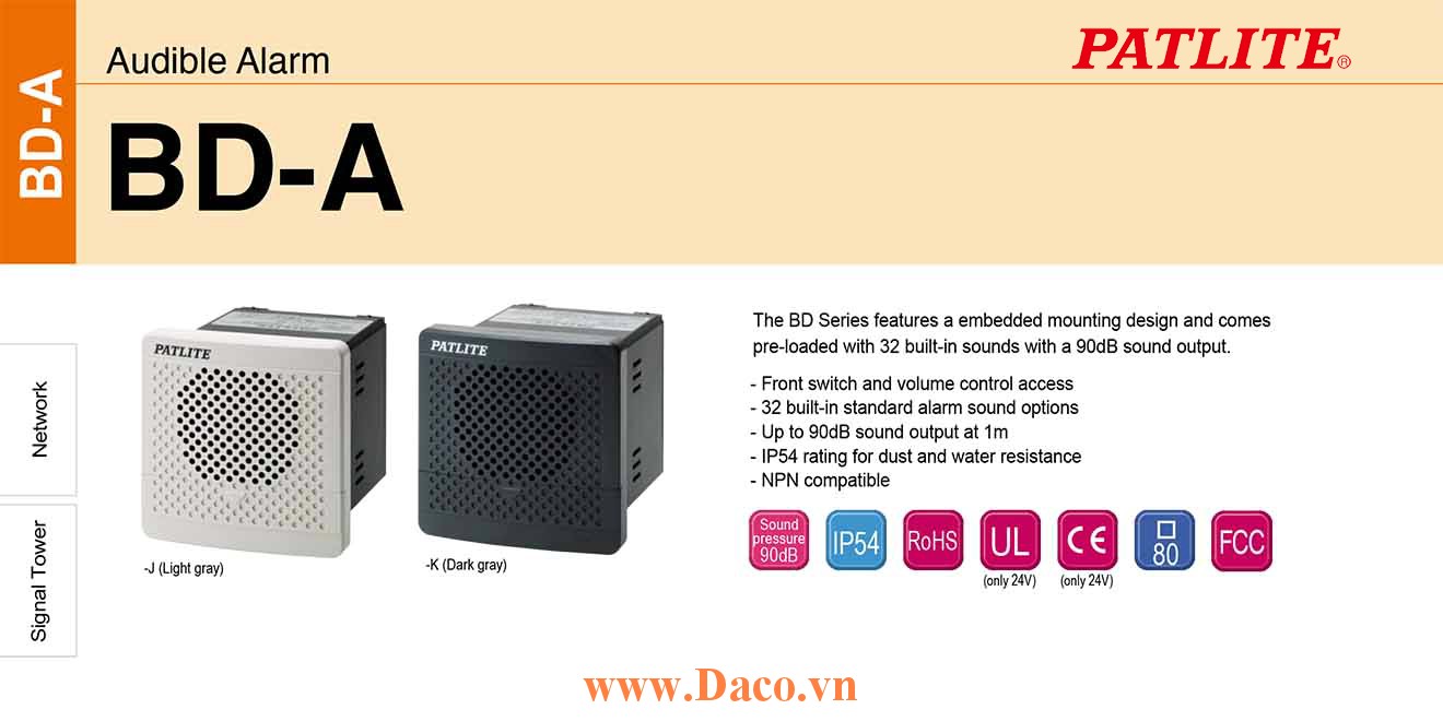 BD-24AA-K Loa báo tín hiệu tủ điện âm MP3 Patlite 32 kênh âm thanh ghi sẵn 90dB IP54