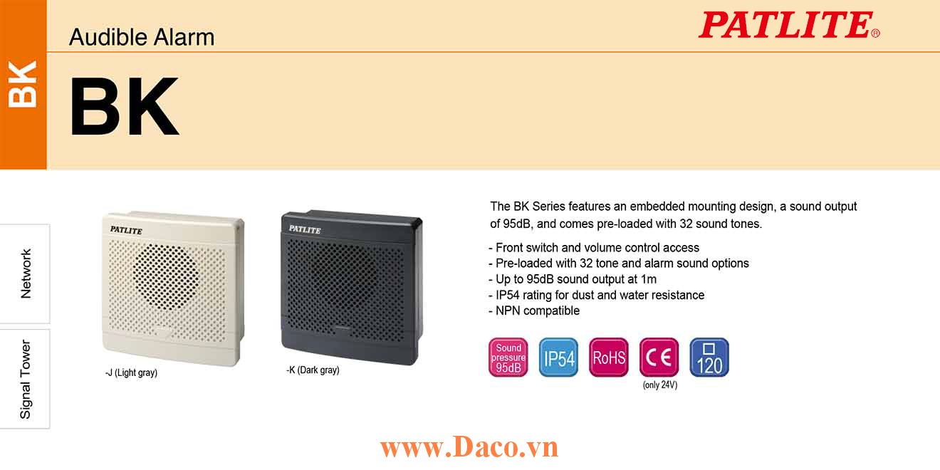 BK-100E-J Loa báo tín hiệu tủ điện âm MP3 Patlite 32 kênh âm thanh ghi sẵn 95dB IP54