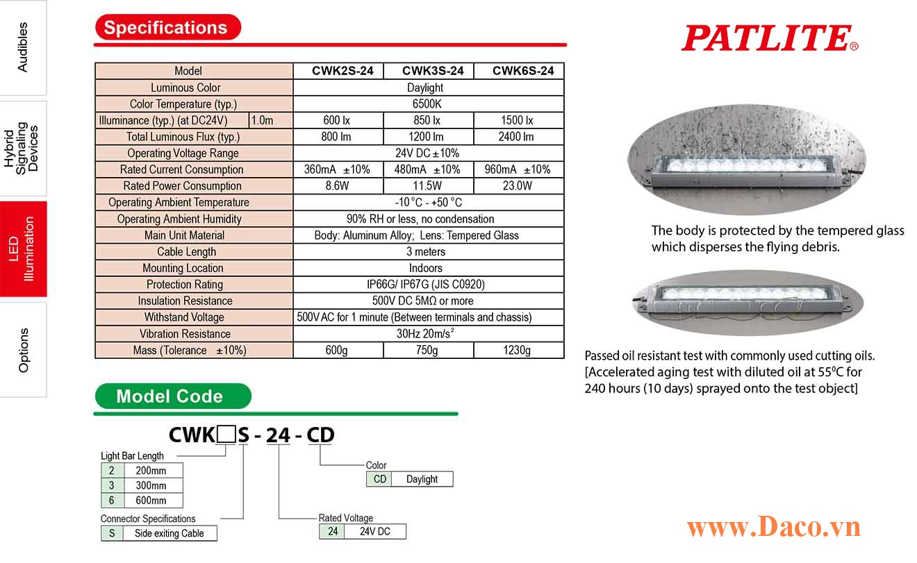 CWK2S-24-CD Đèn LED chiếu sáng chống dầu Patlite Bóng LED Dài 200mm IP66G/67G