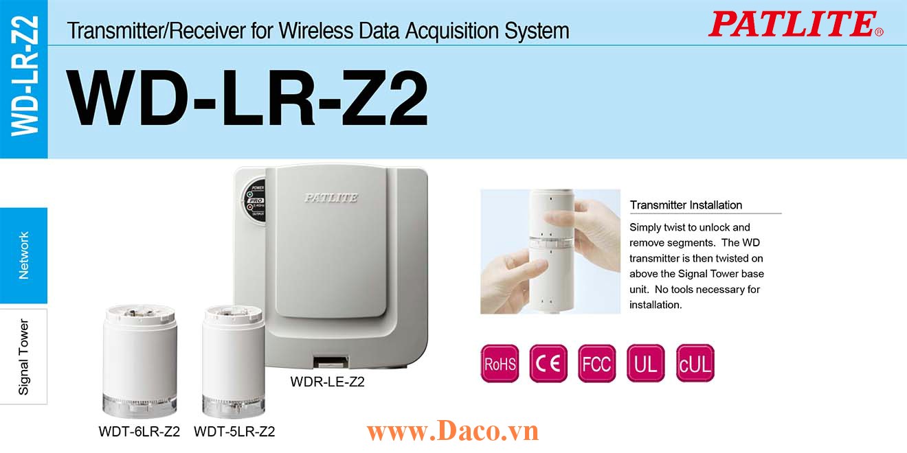 WDR-LE-Z2 Bộ thu tín hiệu không dây Patlite 125x132x39 Wifi, LAN, USB Sử dụng cho đèn tháp LR, LE, LME IP20