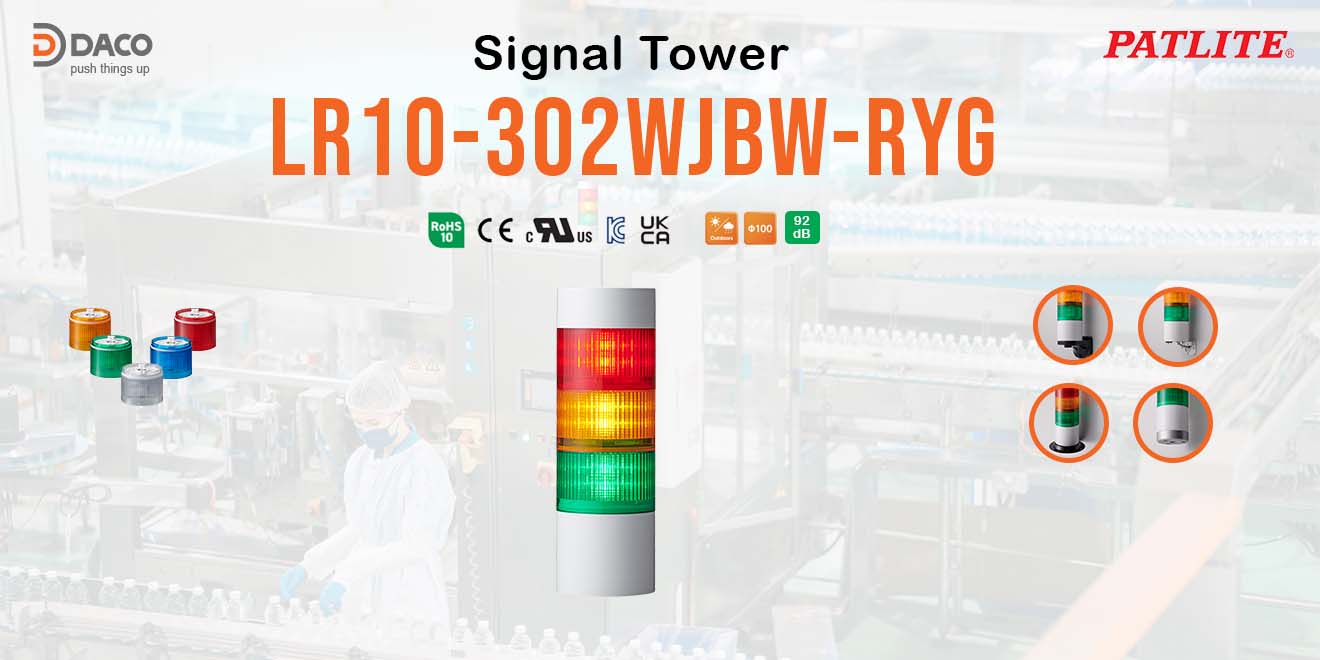 LR10-3M2WJBW-RYG Đèn tháp tín hiệu có còi Buzzer 92db PATLITE 3 tầng Bóng LED Cấp độ bảo vệ IP66/69K