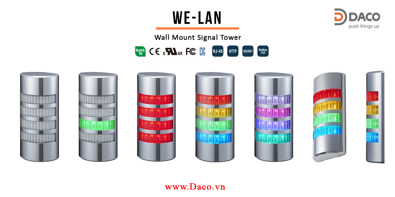 WE-402UB-LAN Đèn tháp tín hiệu bán nguyệt gắn tường Patlite Φ90 Bóng LED 4 tầng kết nối mạng LAN IP65