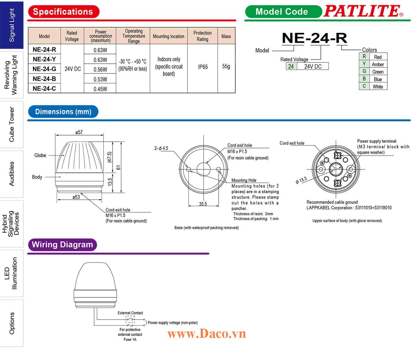 NE-24-R Đèn báo hiệu Patlite Φ57 Bóng LED Sáng liên tục IP65