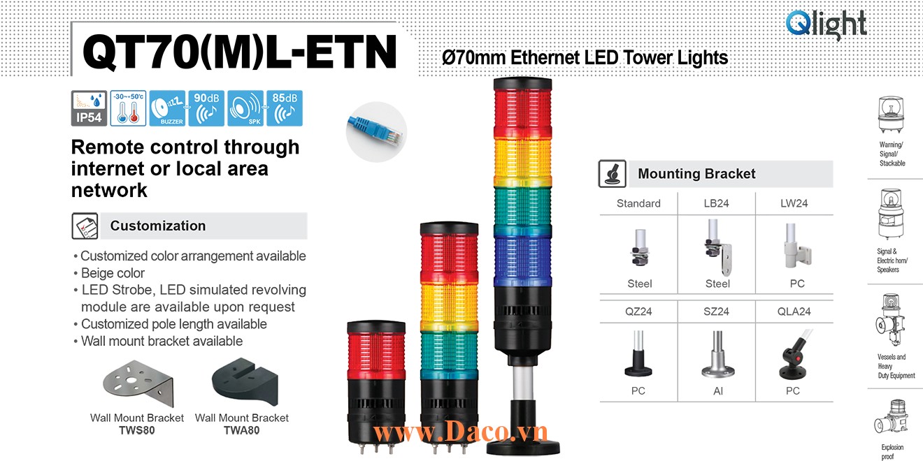 QT70ML-ETN-WM-3-220-RGB Đèn tháp cảnh báo Qlight Φ70 Bóng LED 3 tầng Còi 5 âm báo 85dB IP54
