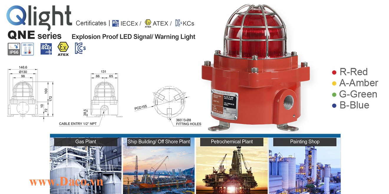 QNE-BS-12/24-R Đèn cảnh báo phòng nổ Qlight đa chức năng Φ92 Bóng LED IP66-IECEx-ATEX-KCs, 12~24VDC