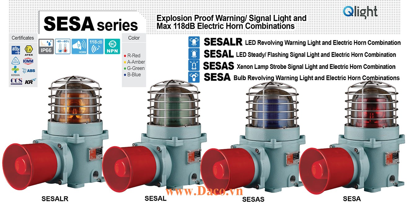 SESA-WP-110-G-LC Đèn quay có loa phòng nổ Qlight Φ167 Bóng Sợi đốt 5 âm báo hàng hải 118dB IP66-IECEx-ATEX-NEPSI-KIMM-KOSHA-ABS-CCS-KR