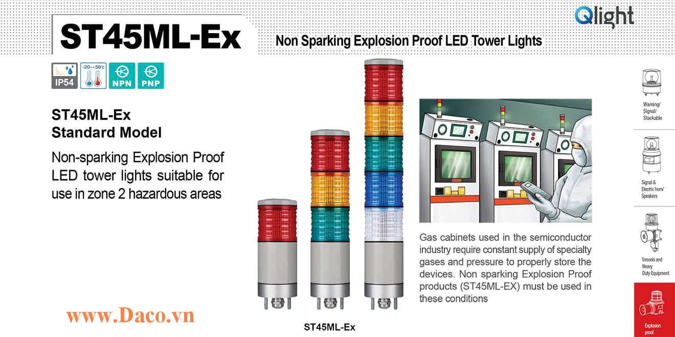 ST45ML-EX-3-12-RAG Đèn tháp phòng nổ Qlight Φ45 Bóng LED 3 tầng NEPSI, KCs, Ex nR II T4, IP54, Zone 2