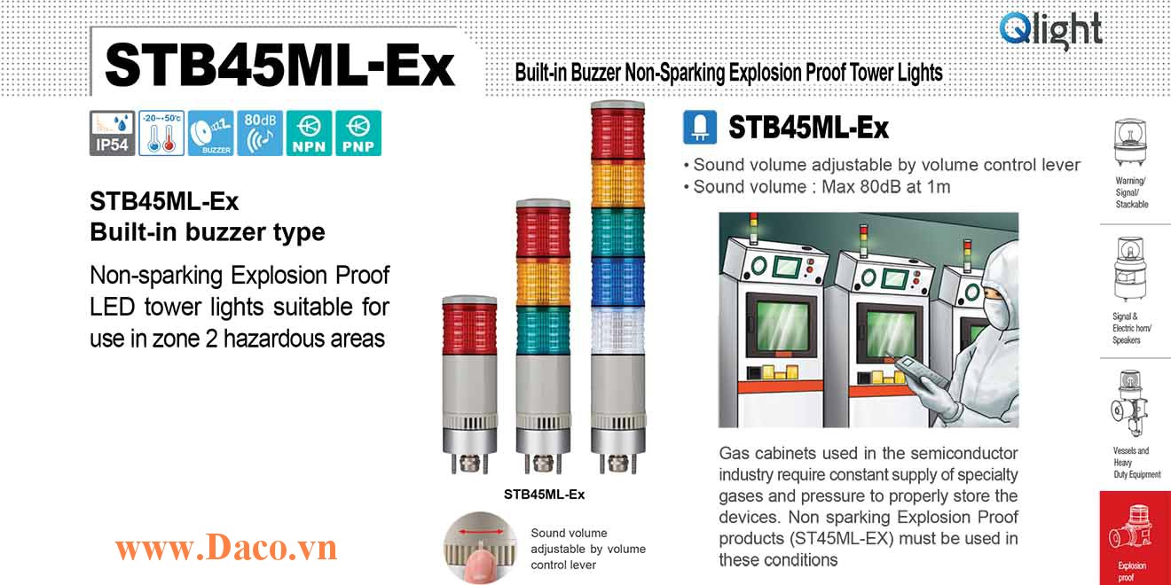 STB45ML-EX-1-12-R Đèn tháp phòng nổ Qlight Φ45 LED 1 tầng Còi Buzzer 80dB NEPSI, KCs, Ex nR II T4, IP54, Zone 2