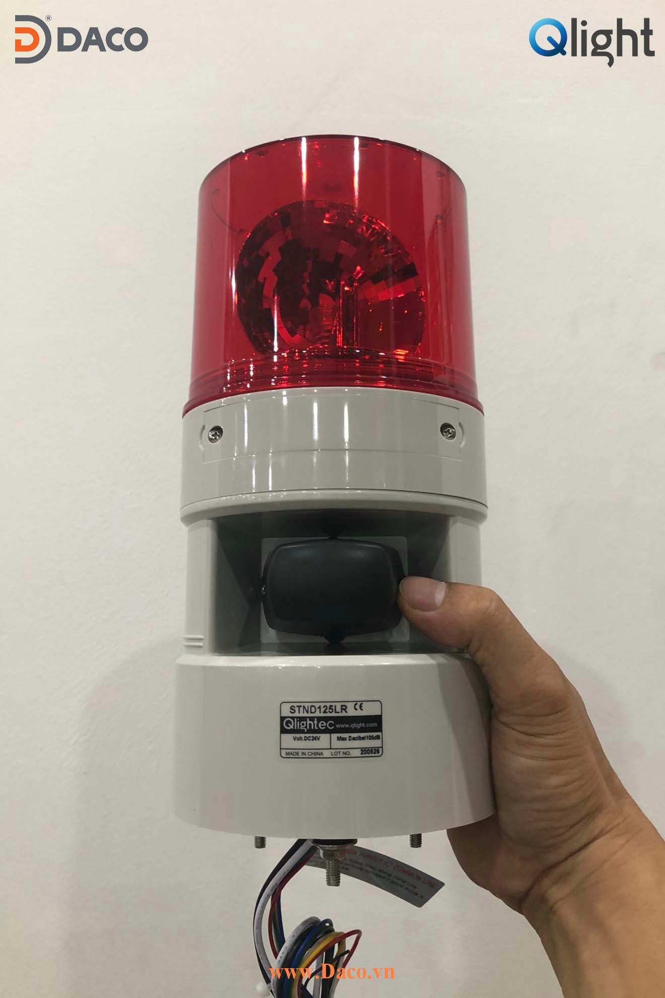 STND125R-24-R Hình ảnh thực tế Đèn quay báo hiệu bóng sợi đốt có loa ghi âm phát nhạc MP3 Qlight Hàn Quốc: Điện áp 24VDC