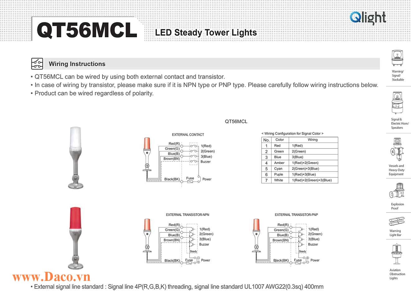 QT56MCL-BZ-24 Đèn tháp 7 màu báo hiệu Qlight Φ56 Bóng LED 7 Màu Còi Buzzer 90dB IP23