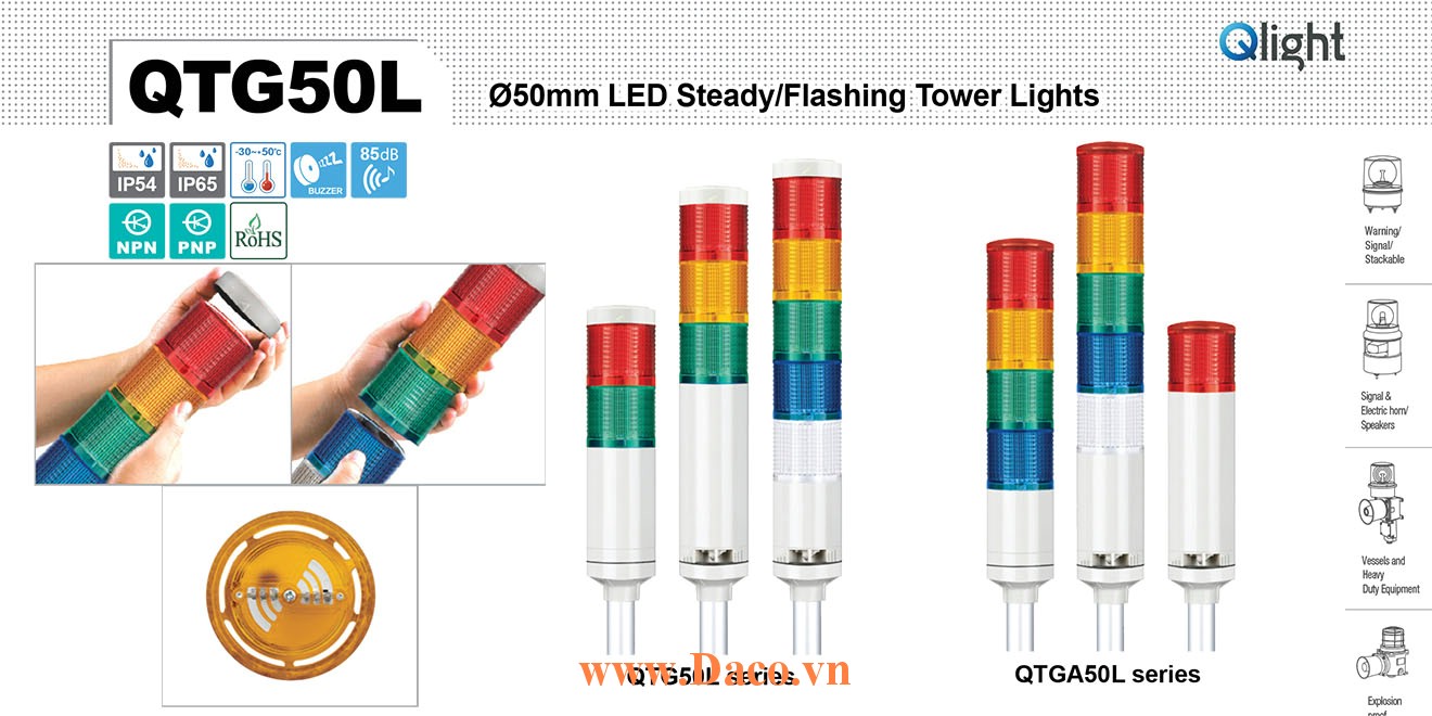 QTG50L-BZ-2-24-RA-LB18 Đèn tháp tín hiệu Qlight Φ50 Bóng LED 2 Màu Còi Buzzer 85dB IP54