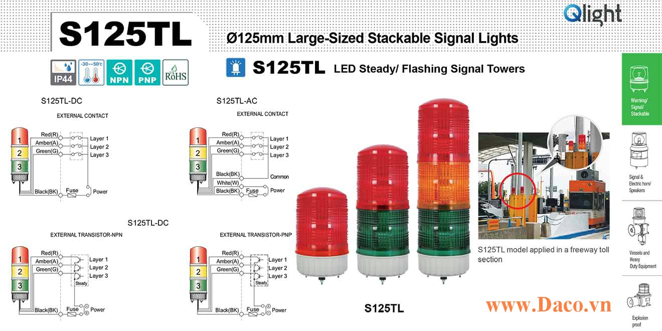 S125TL-1-12-R Đèn tháp tròn nhấp nháy Qlight 1 tầng Tròn Φ125 LED 12VDC IP44