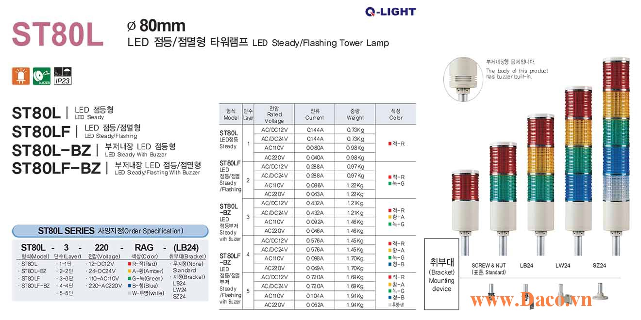 ST80LF-BZ-4-220-RAGB Đèn tháp Qlight Φ80 Bóng LED 4 tầng Còi Buzzer 90dB IP23