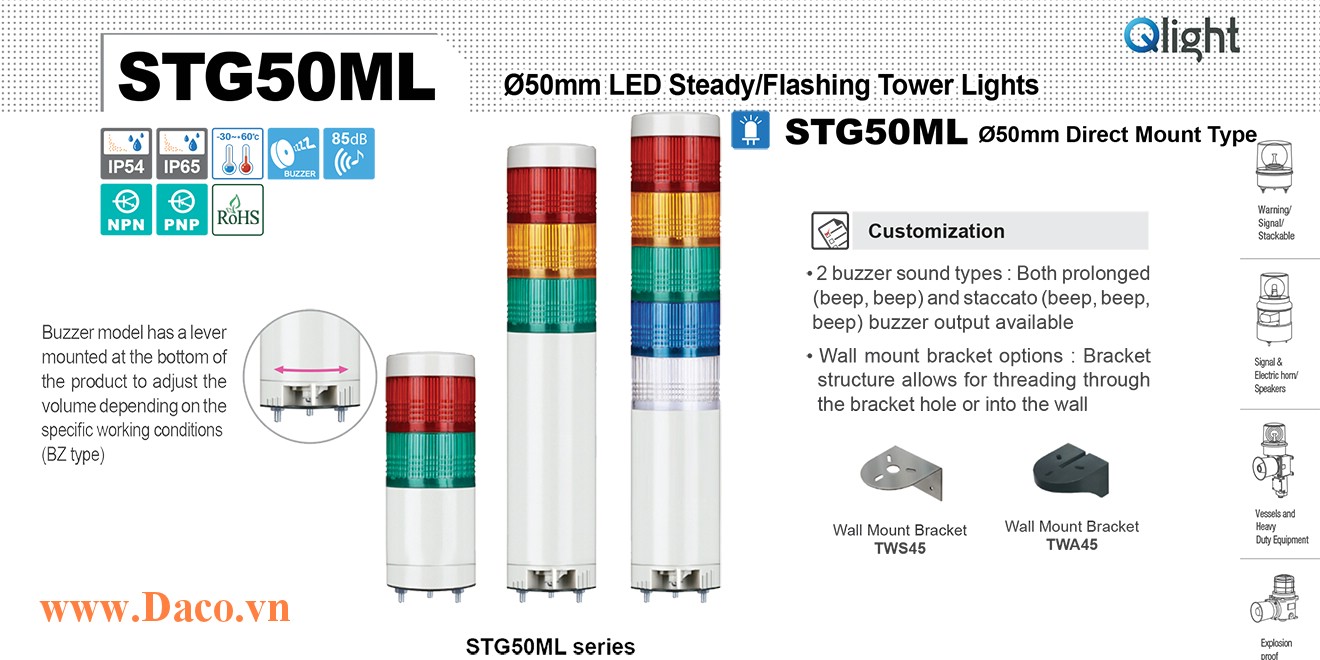 STG50ML-BZ-1-110/220-R Đèn tháp Qlight Φ50 Bóng LED 1 tầng Còi Buzzer 85dB IP54
