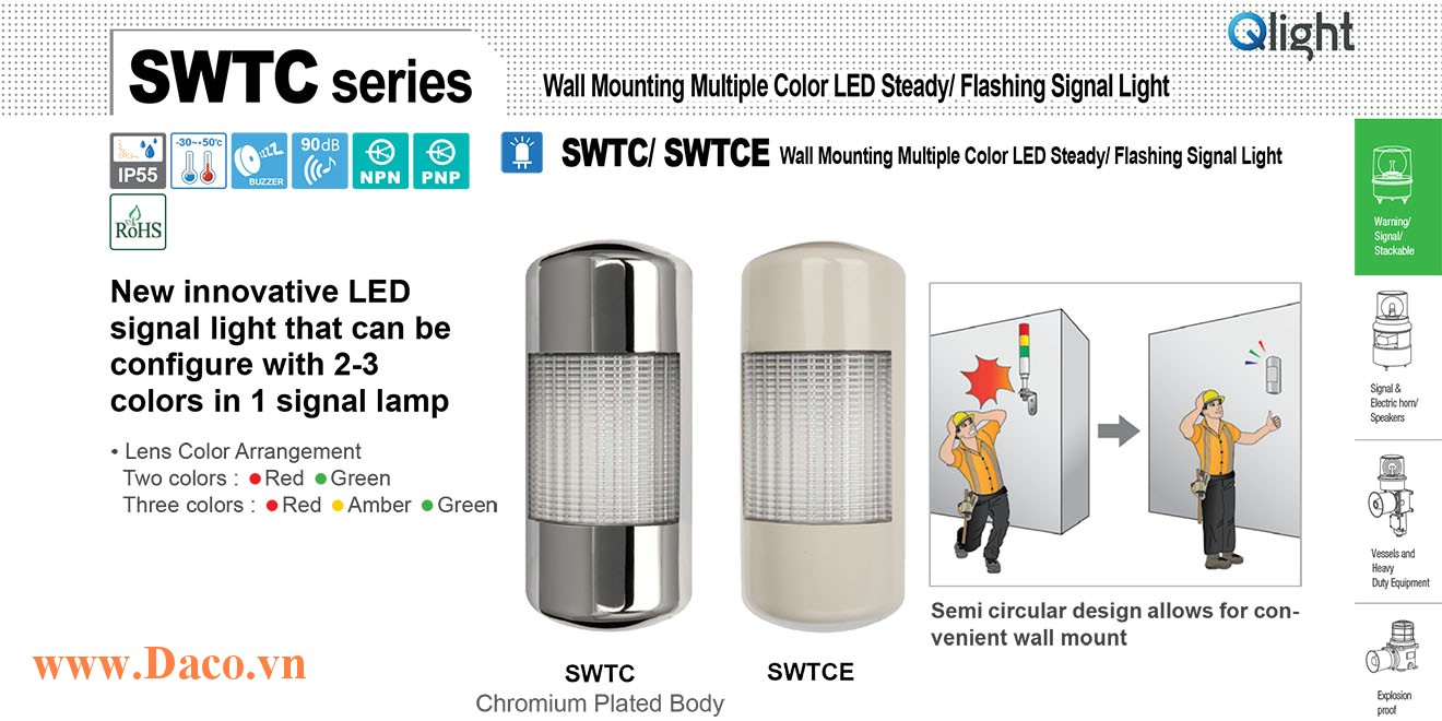 SWTCLF-2-220-RG Đèn báo bán nguyệt gắn tường 2 màu Qlight Φ90 Bóng LED 220VAC IP55