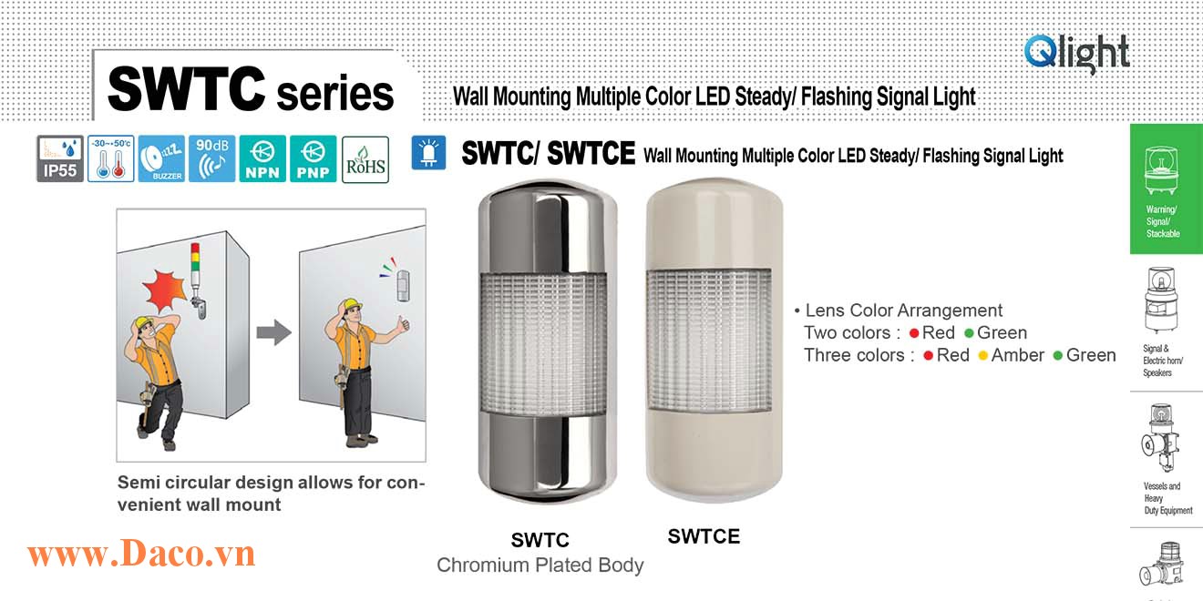 SWTCLF-2-220-RG Đèn báo bán nguyệt gắn tường 2 màu Qlight Φ90 Bóng LED 220VAC IP55
