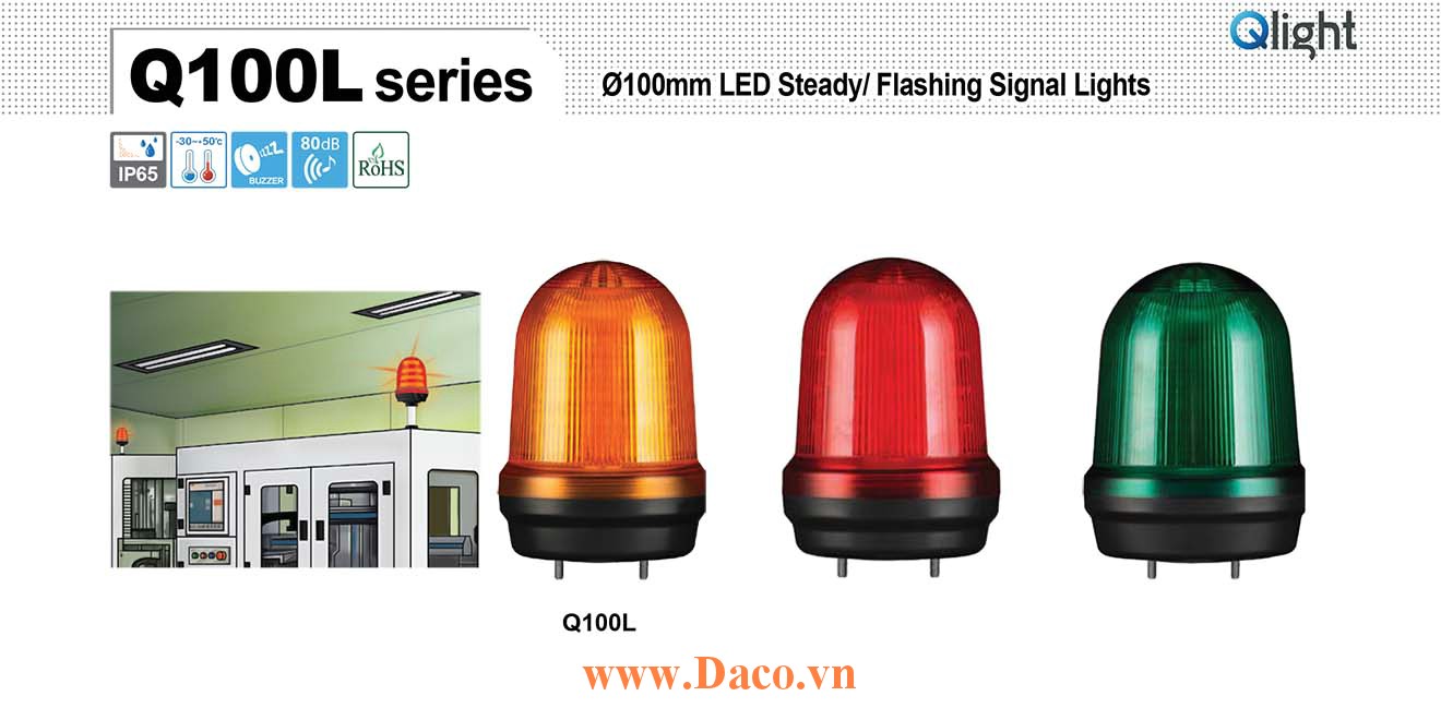 Q100L-12/24-R Đèn báo hiệu Qlight Φ100 Bóng LED 12VDC~24VDC IP65