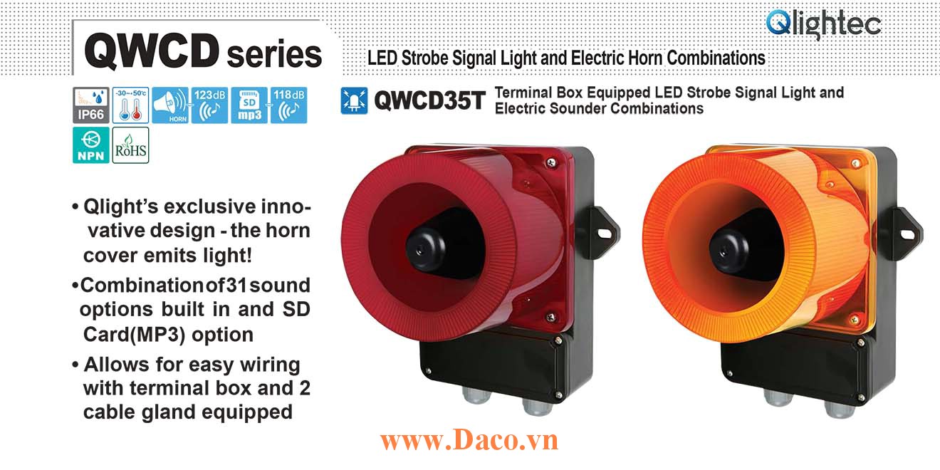 QWCD35T-110/220-R-LC Đèn báo có Loa Qlight 31 âm báo 115dB IP66, CE, 110VAC/220VAC