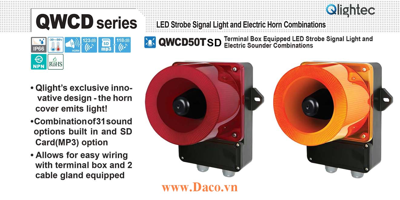 QWCD50TSD-12/24-A-LC Đèn báo có Loa mp3 Qlight 31 âm báo nhạc MP3 SD 123dB IP66, CE, 110VAC/220VAC