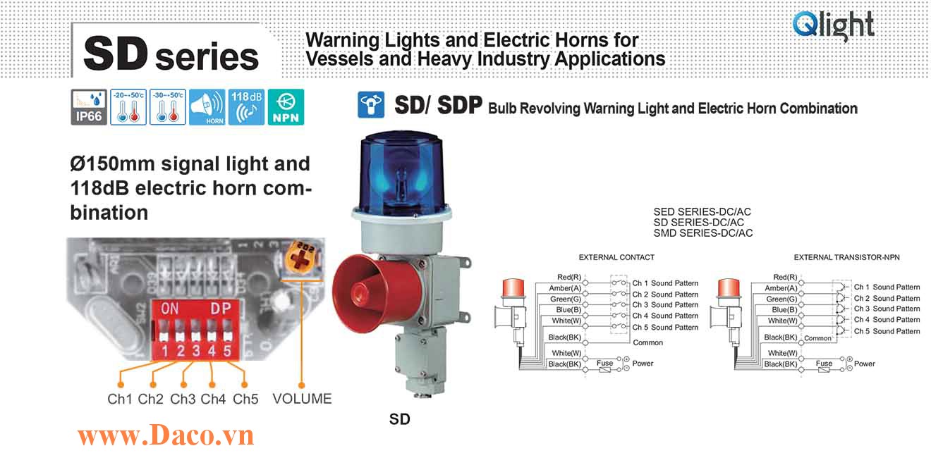 SDL-WA-110-G Đèn cảnh báo có loa Qlight Hàng hải Φ150 Bóng Bóng LED 5 âm báo động 118dB IP66, KIM, ABS, RL, KR, CE