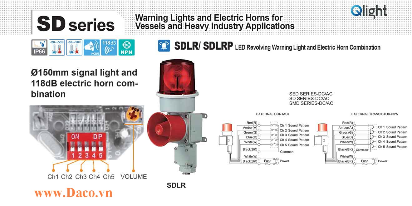 SDLRP-WS-12-R Đèn quay có loa Qlight Hàng hải Φ150 Bóng LED 5 âm báo động 118dB IP66, KIM, ABS, RL, KR, CE