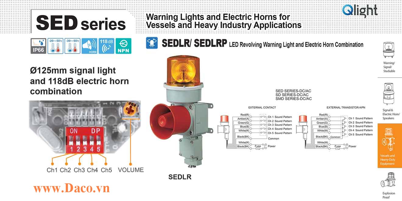 SEDLR-WS-24-R Đèn quay có loa Qlight Hàng hải Φ125 Bóng LED 5 âm báo động 118dB IP66, KIM, ABS, KR, CCS, CE