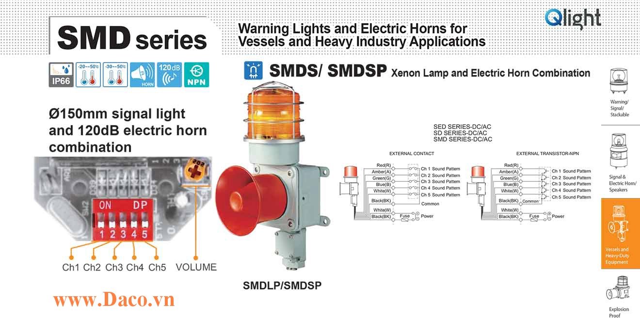 SMDS-WP-220-A Đèn chớp báo có loa Qlight Hàng hải Φ150 Bóng Bóng Xenon 5 âm báo hàng hải 120dB IP66