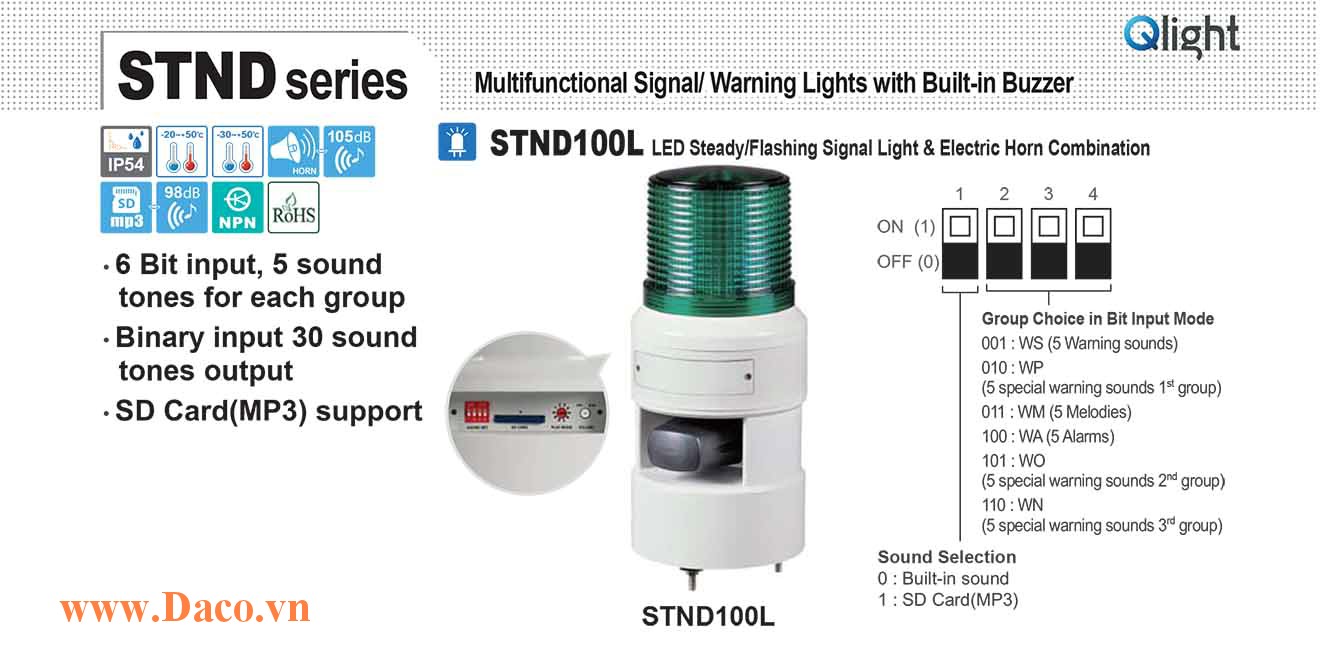 STND100L-110-G Đèn báo hiệu nhấp nháy âm MP3 Qlight Φ100 Bóng LED 110VAC IP54