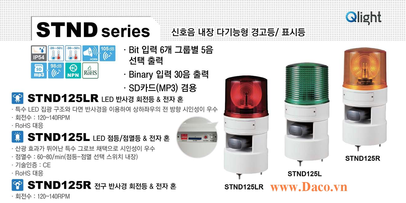 STND125L-24-A Đèn báo hiệu nhấp nháy âm MP3 Qlight Φ125 Bóng LED 24 VDC IP54
