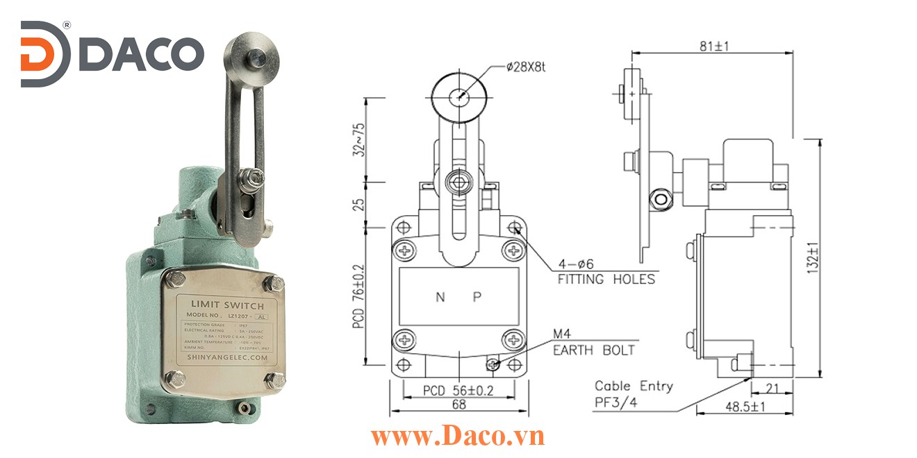 LZ1207-AL Công tắc hành trình chống nước & bụi Cần gạt Con lăn điều chỉnh