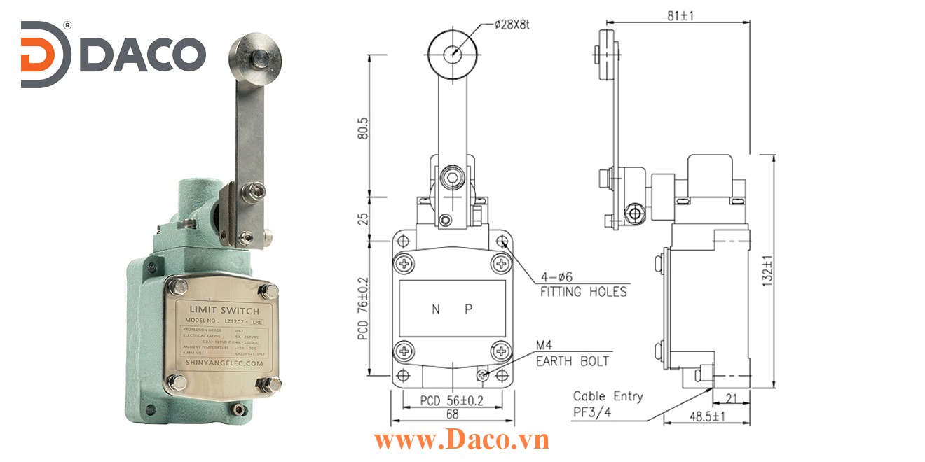 LZ1207-LRL Công tắc hành trình chống nước & bụi Cần gạt Con lăn đơn dài