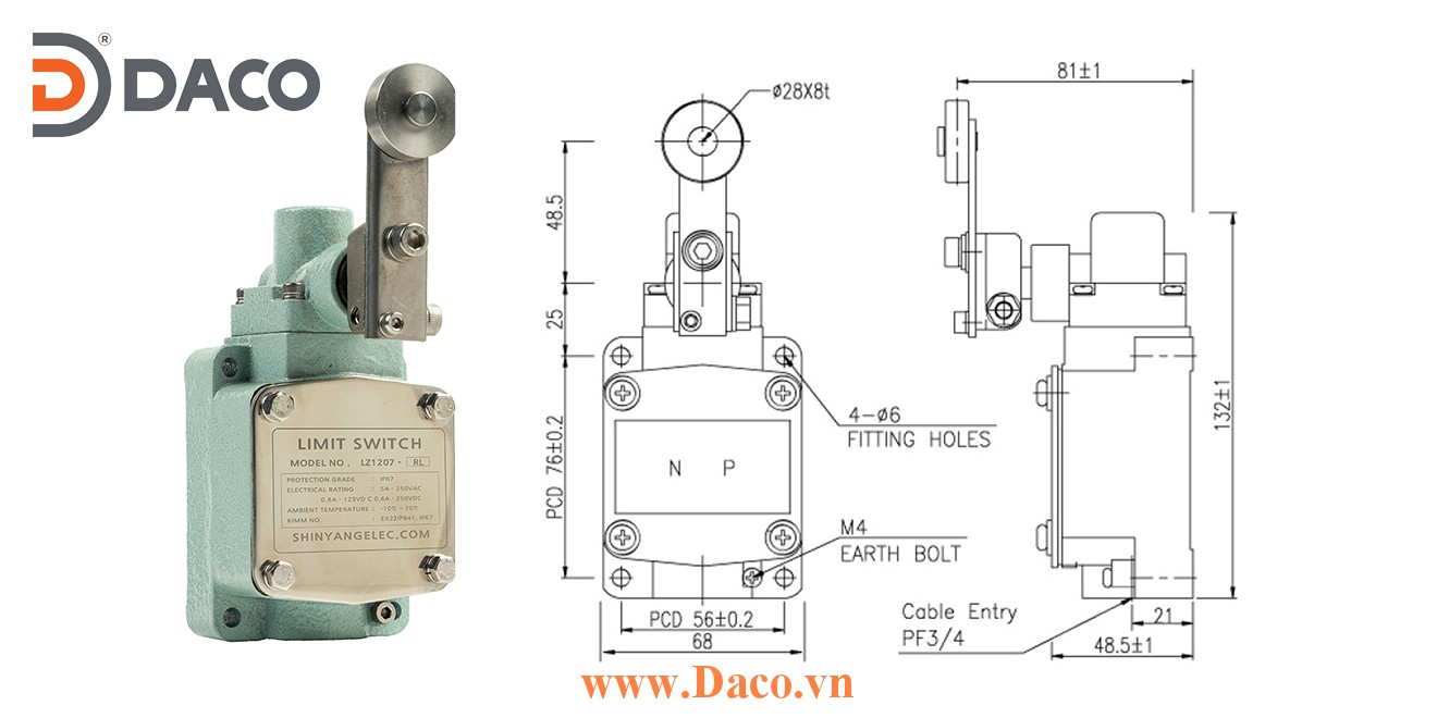 LZ1207-RL Công tắc hành trình chống nước & bụi Cần gạt Con lăn đơn