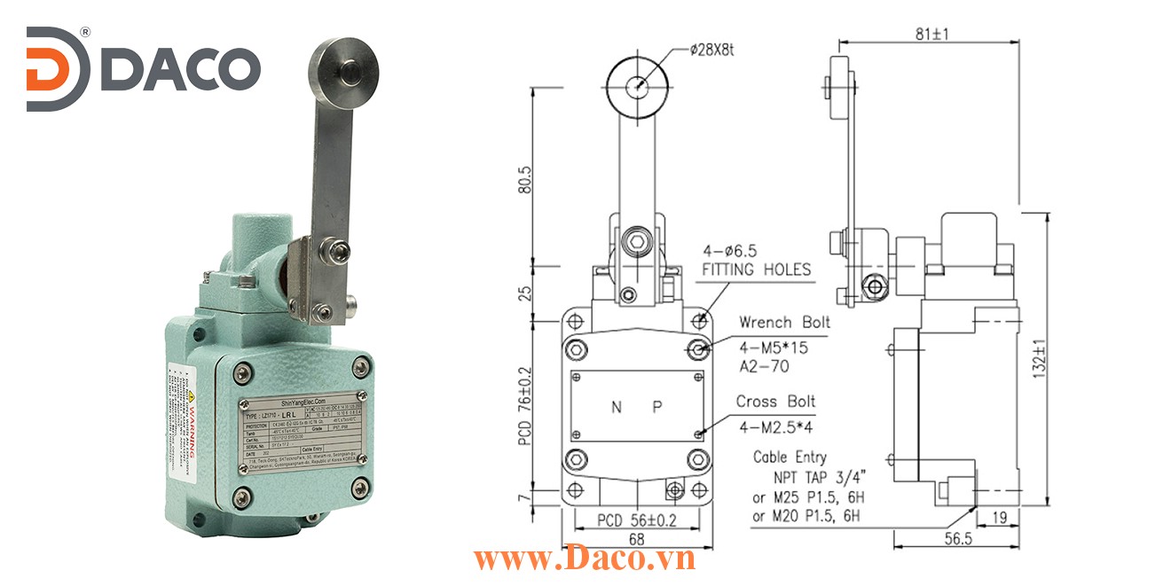 LZ1710-LRL Công tắc hành trình phòng nổ Cần gạt Con lăn đơn dài