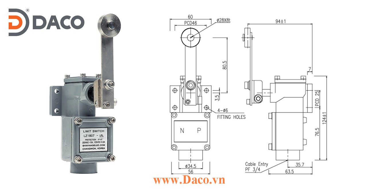 LZ1807-LRL Công tắc hành trình chống nước & bụi Cần gạt Con lăn đơn dài