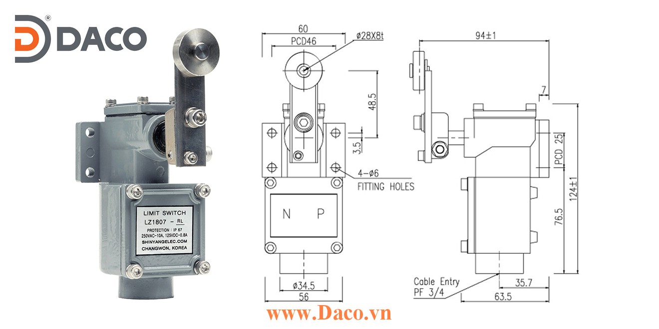 LZ1807-RL Công tắc hành trình chống nước & bụi Cần gạt Con lăn đơn