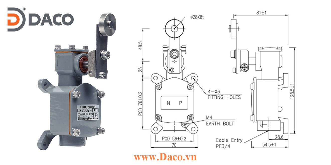 LZ2007-RL Công tắc hành trình chống nước & bụi Cần gạt Con lăn đơn