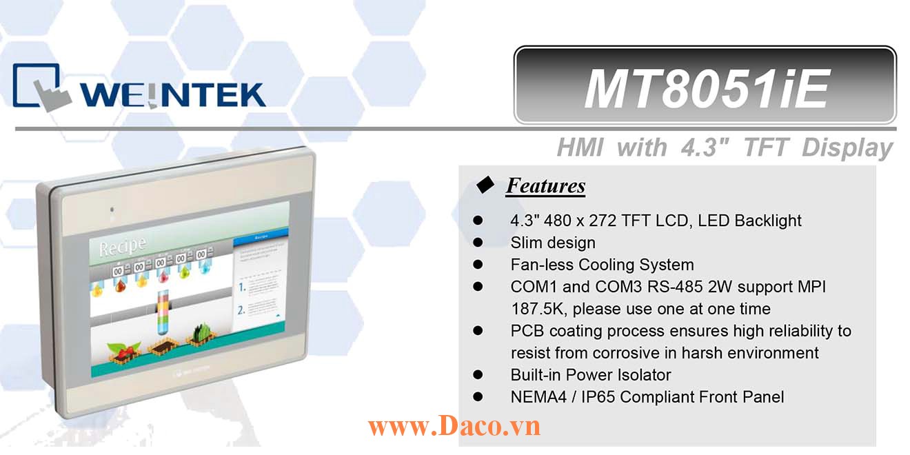 MT8051iE Màn hình cảm ứng HMI Weintek MT8000iE 4.3 Inch Màu RS232, RS422, RS485, LAN