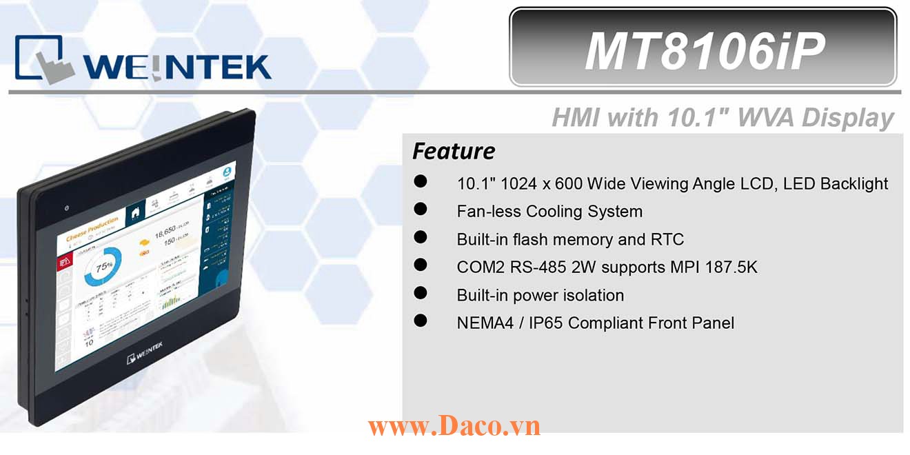 MT8106iP Màn hình cảm ứng HMI Weintek MT8000iP 10 Inch Màu RS232, RS422, RS485, LAN
